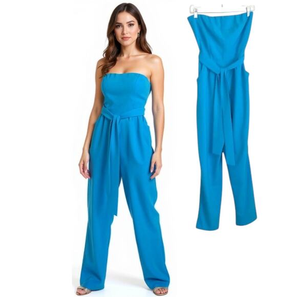Monteau Los Angeles Strapless Jumpsuit Women's Sz M Blue Belted Pockets Back Zip - Picture 1 of 15